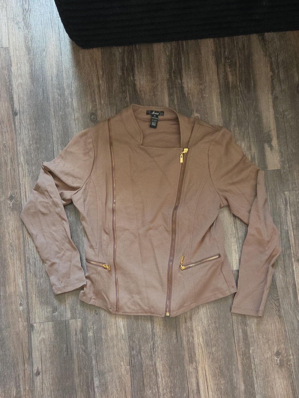 Womens Tan Asymmetrical Zip Jacket with Gold Hardware